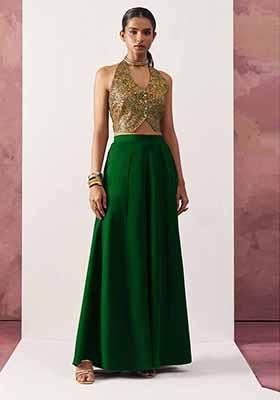 Green Embroidered Jacquard Palazzo Set With Dupatta