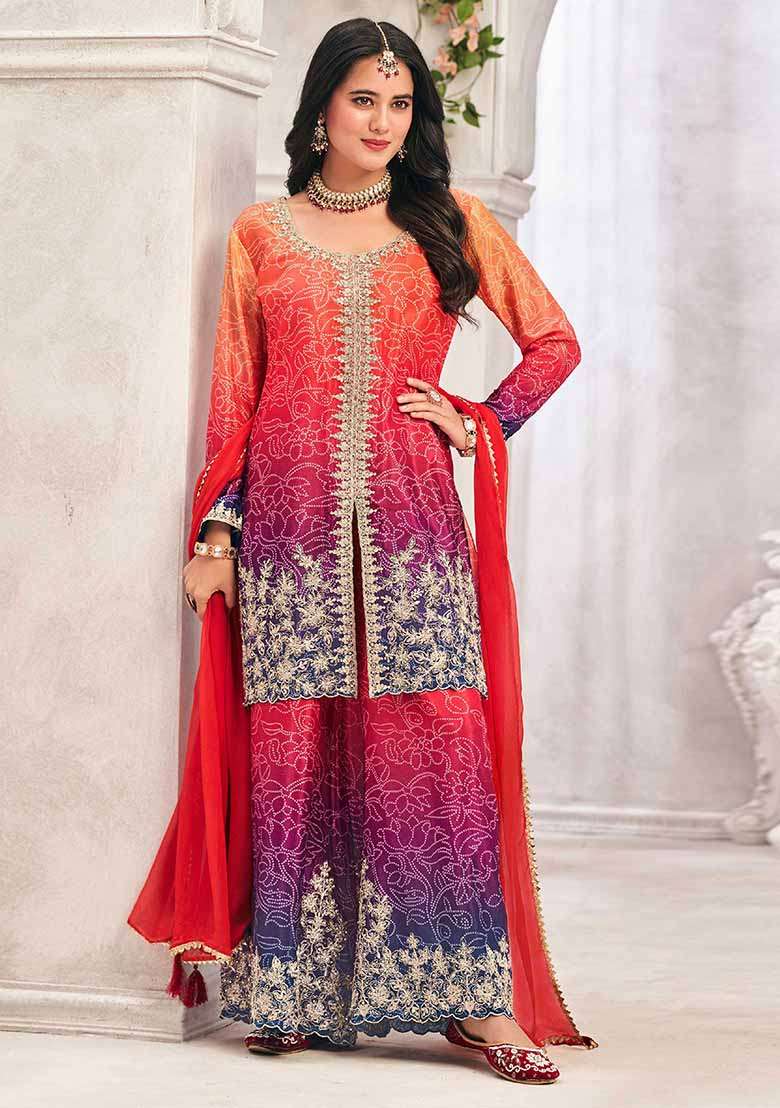 Orange Embroidered Chinon Sharara Set - Indya
