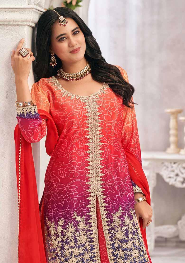 Orange And Purple Embroidered Chinnon Silk Palazzo Set With Dupatta