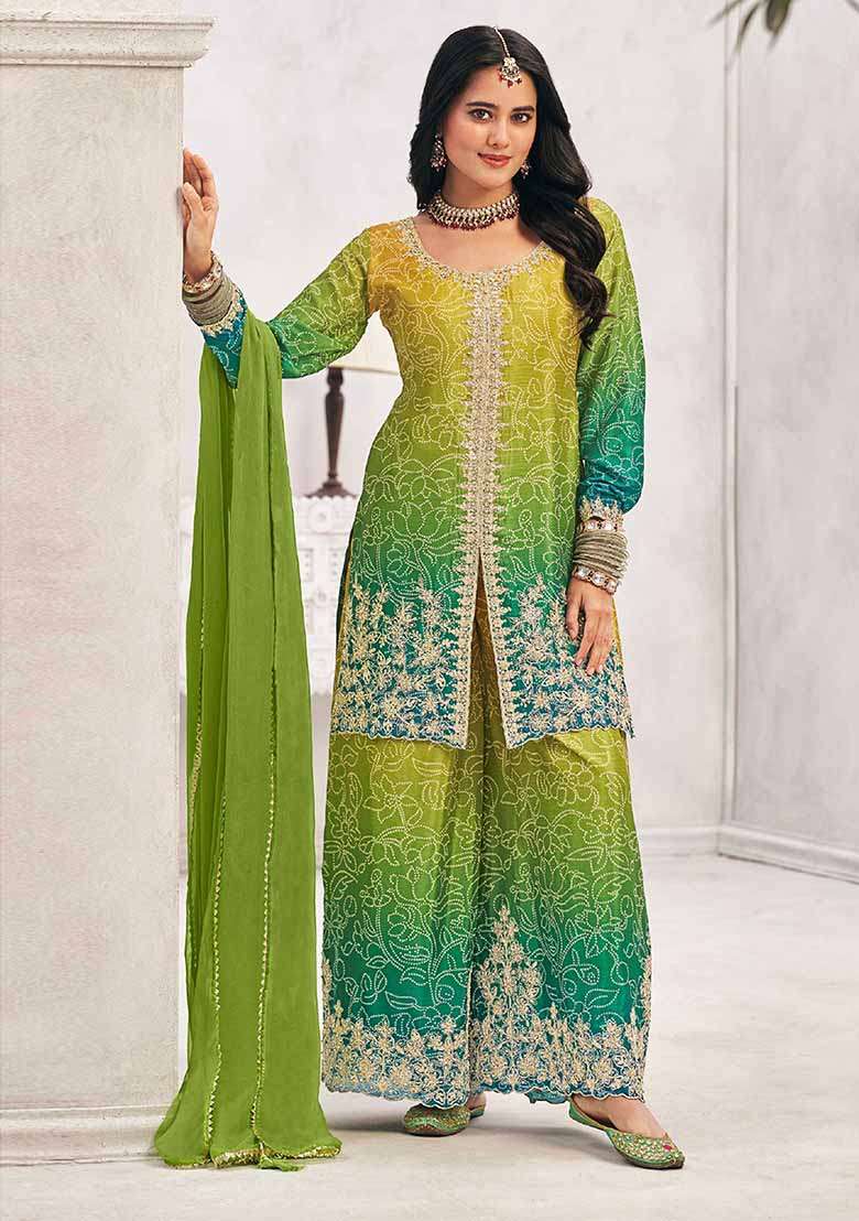 Lime Green Embroidered Silk Blend Pakistani Suit Set - Indya