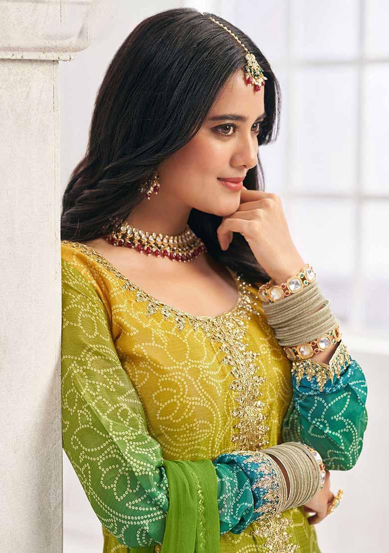 Lime Green And Yellow Embroidered Chinnon Silk Palazzo Set With Dupatta