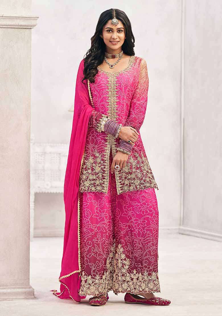 Pink Embroidered Chinon Sharara Set - Indya
