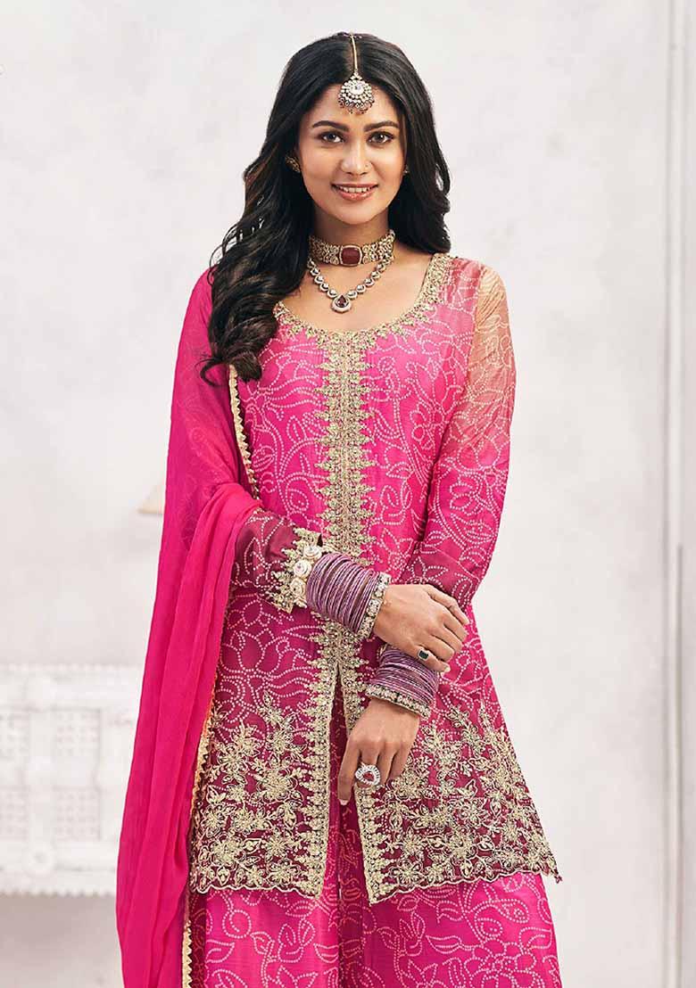 Pink And Purple Embroidered Chinnon Silk Palazzo Set With Dupatta