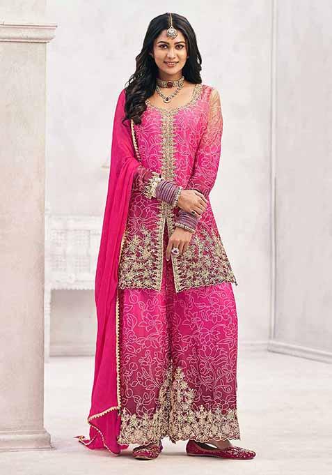Pink Embroidered Chinon Sharara Set
