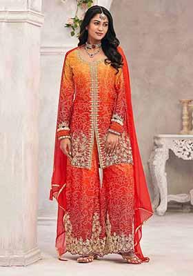 Orange And Yellow Embroidered Chinnon Silk Palazzo Set With Dupatta