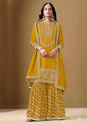 Yellow Embroidered Art Silk Sharara Set With Dupatta