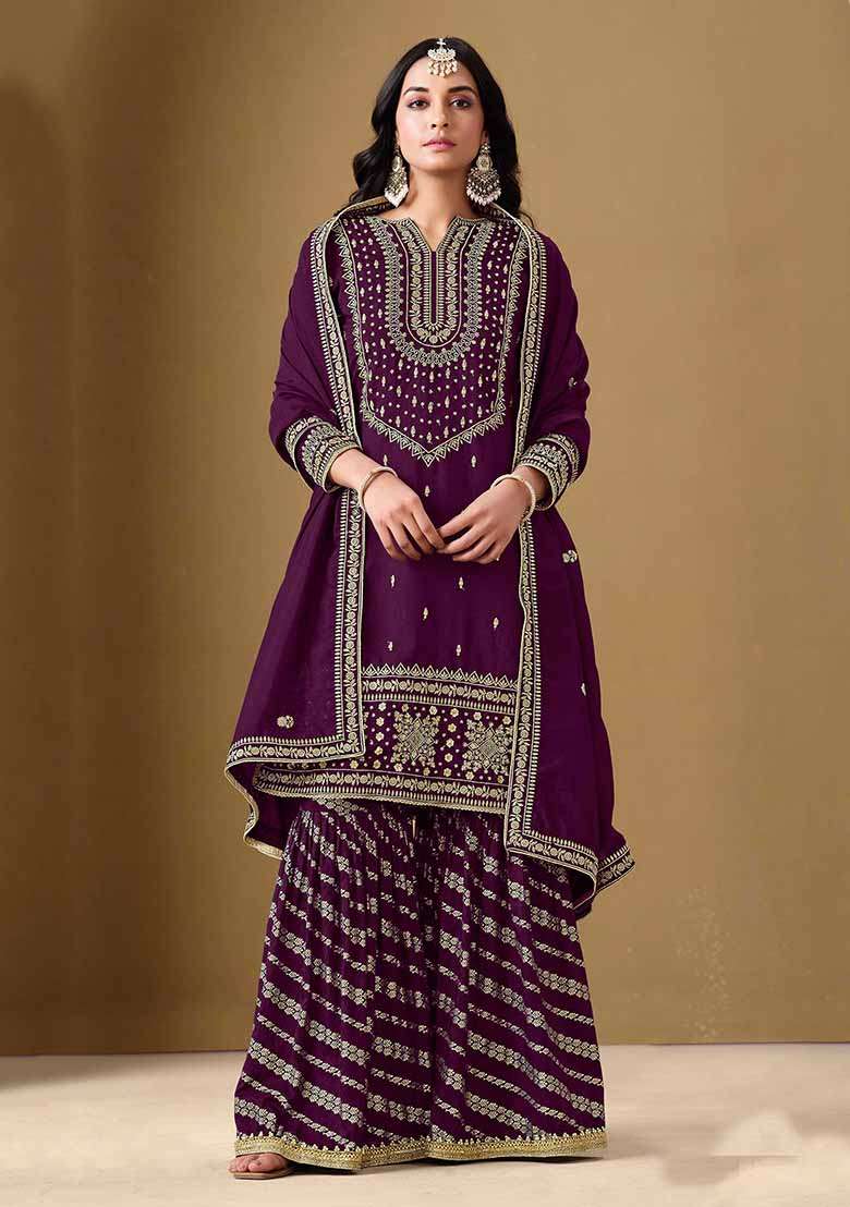 Purple Embroidered Art Silk Sharara Set With Dupatta - Indya