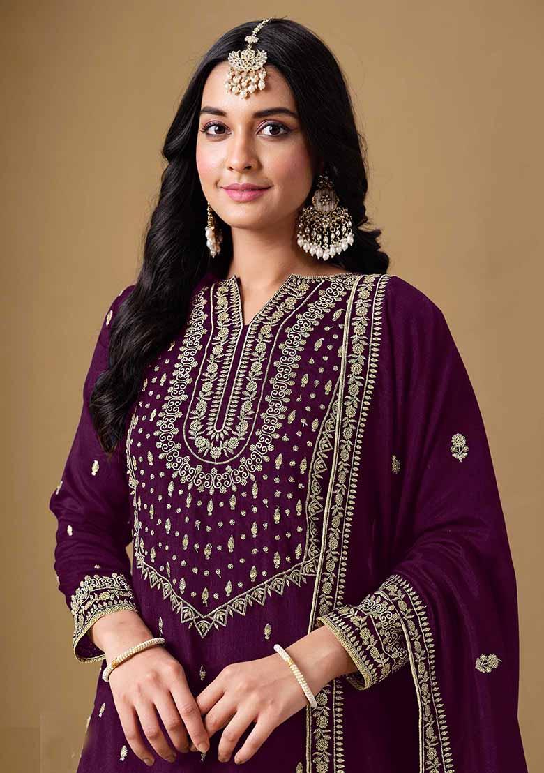 Purple Embroidered Art Silk Sharara Set With Dupatta