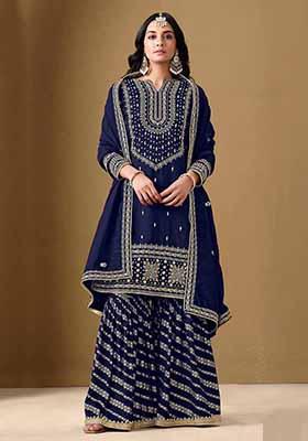 Blue Embroidered Art Silk Sharara Set With Dupatta