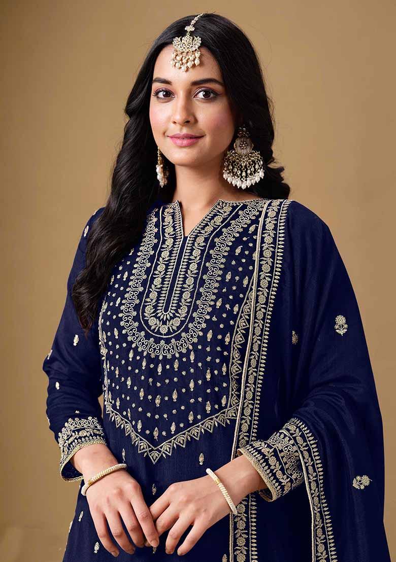 Blue Embroidered Art Silk Sharara Set With Dupatta
