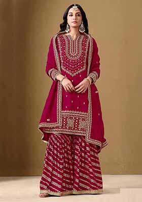 Pink Embroidered Art Silk Sharara Set With Dupatta
