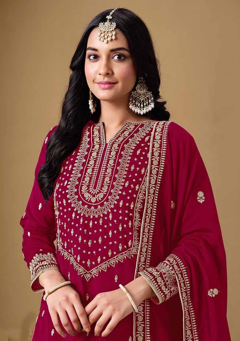 Pink Embroidered Art Silk Sharara Set With Dupatta