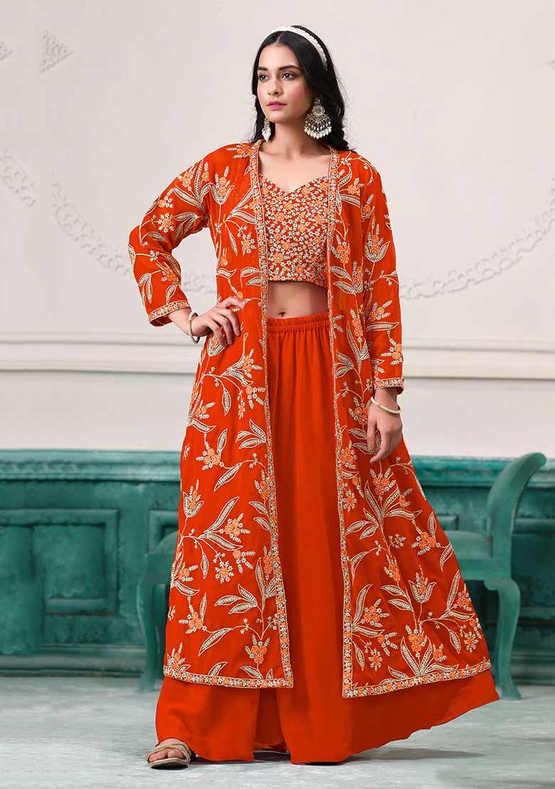 Orange Embroidered Georgette Sharara Set With Dupatta