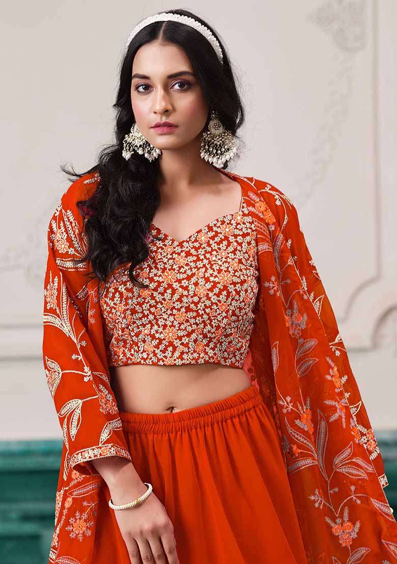 Orange Embroidered Georgette Sharara Set With Dupatta - Indya