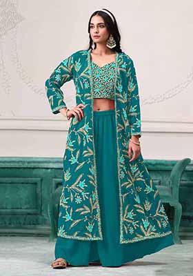 Turquoise Blue Embroidered Georgette Sharara Set With Dupatta