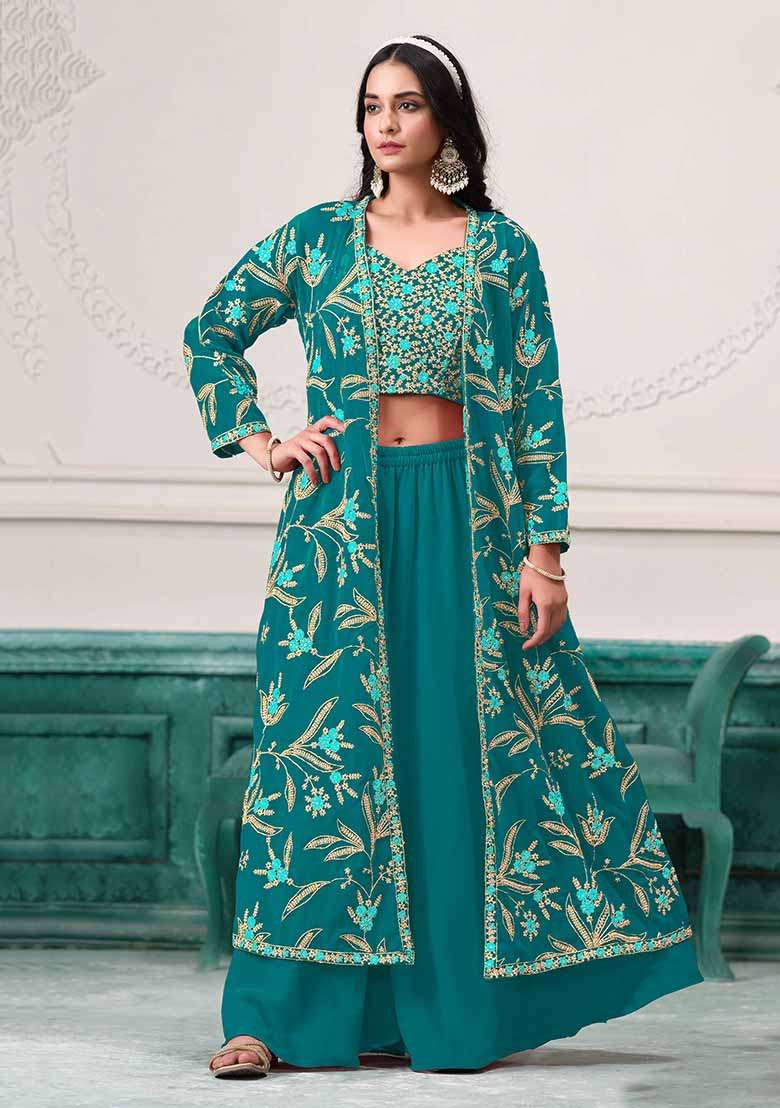 Turquoise Blue Embroidered Georgette Co Ord Set - Indya