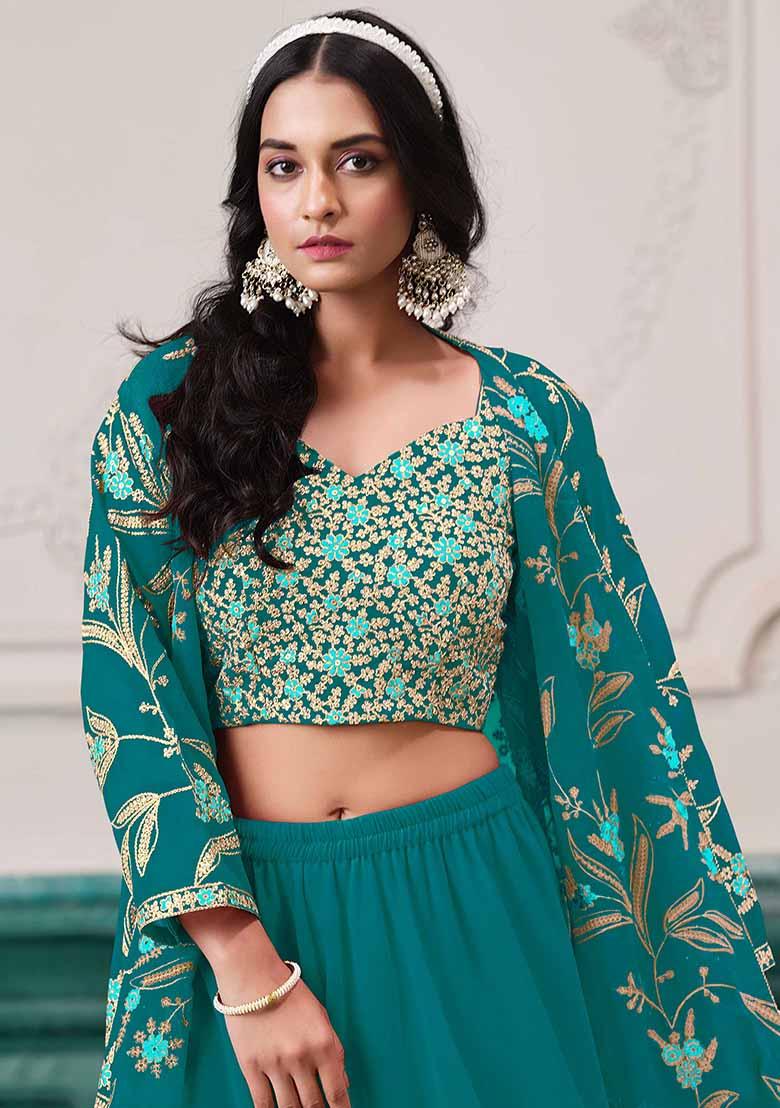 Turquoise Blue Embroidered Georgette Sharara Set With Dupatta