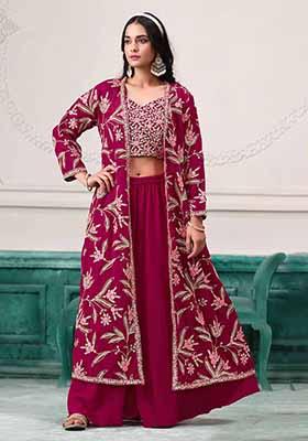 Wine Embroidered Georgette Sharara Set With Dupatta