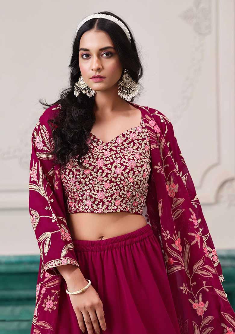 Wine Embroidered Georgette Sharara Set With Dupatta