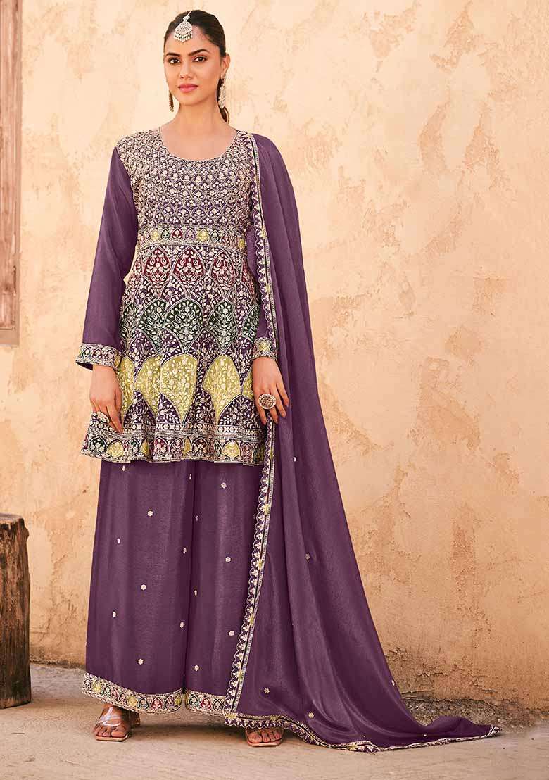 Purple Embroidered Chinon Sharara Set - Indya