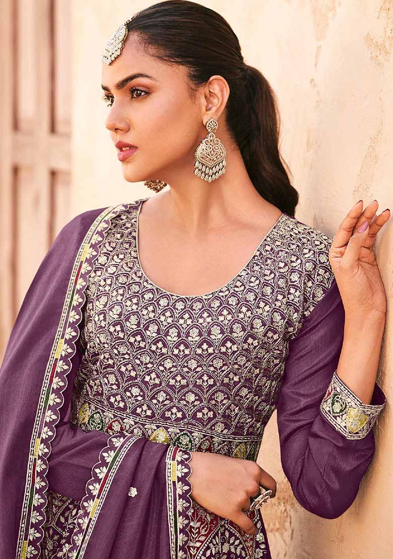 Purple Embroidered Chinnon Silk Palazzo Set With Dupatta