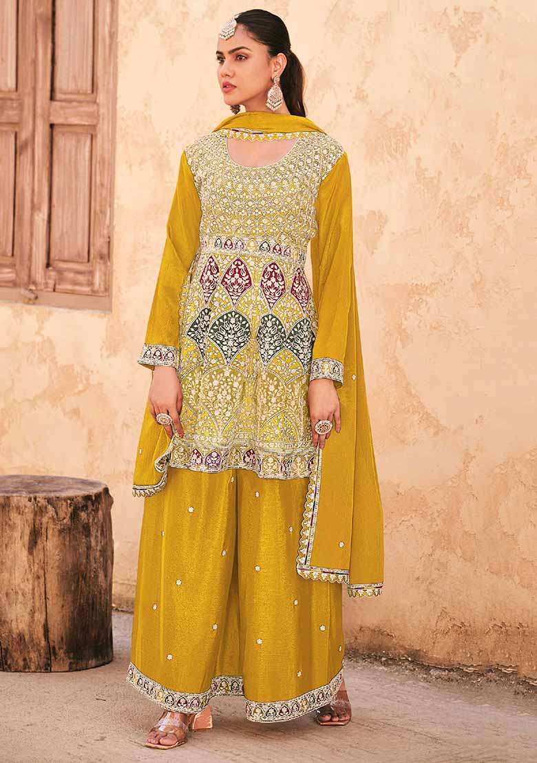 Yellow Embroidered Chinon Sharara Set - Indya