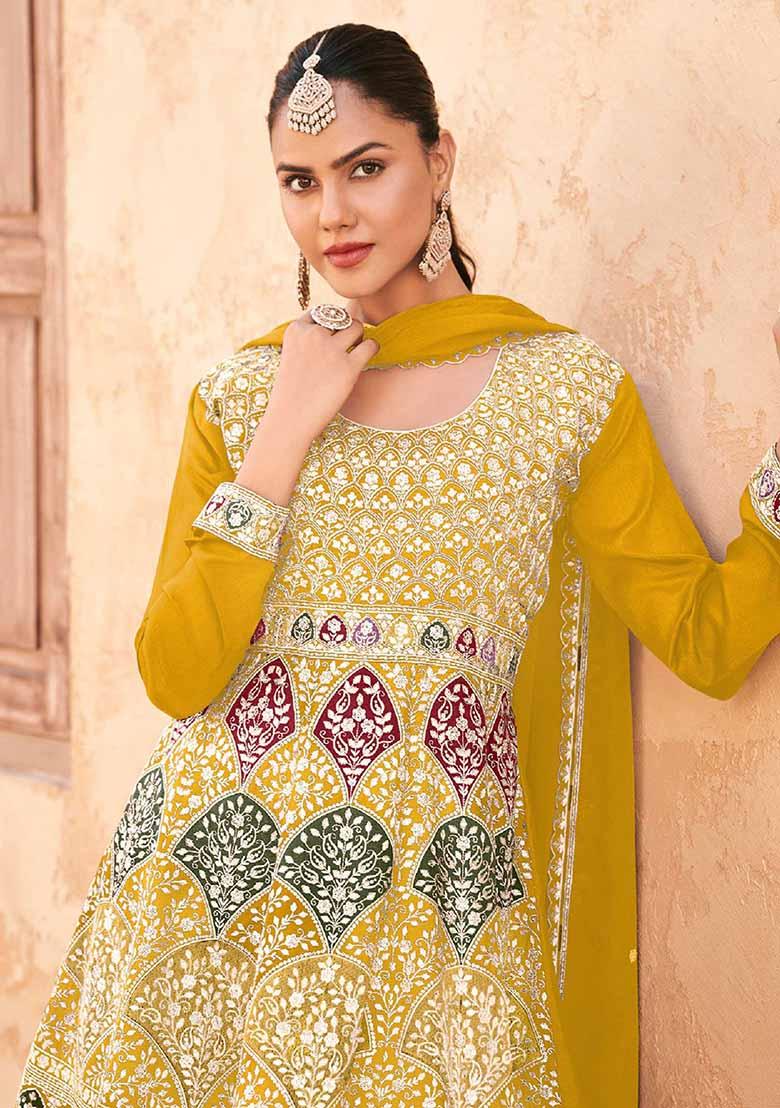 Yellow Embroidered Chinnon Silk Palazzo Set With Dupatta