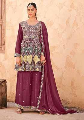 Mauve Embroidered Chinnon Silk Palazzo Set With Dupatta
