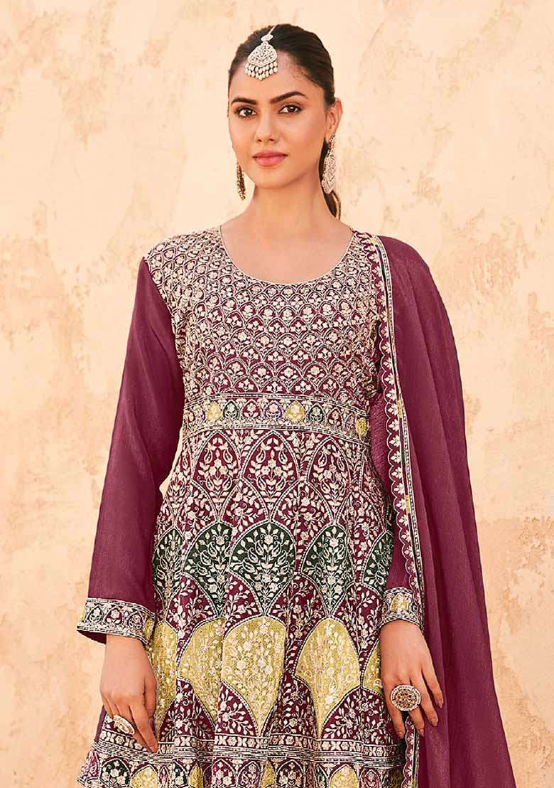 Mauve Embroidered Chinnon Silk Blend Palazzo Set With Dupatta - Indya