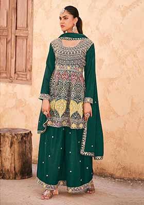 Teal Green Embroidered Chinnon Silk Palazzo Set With Dupatta