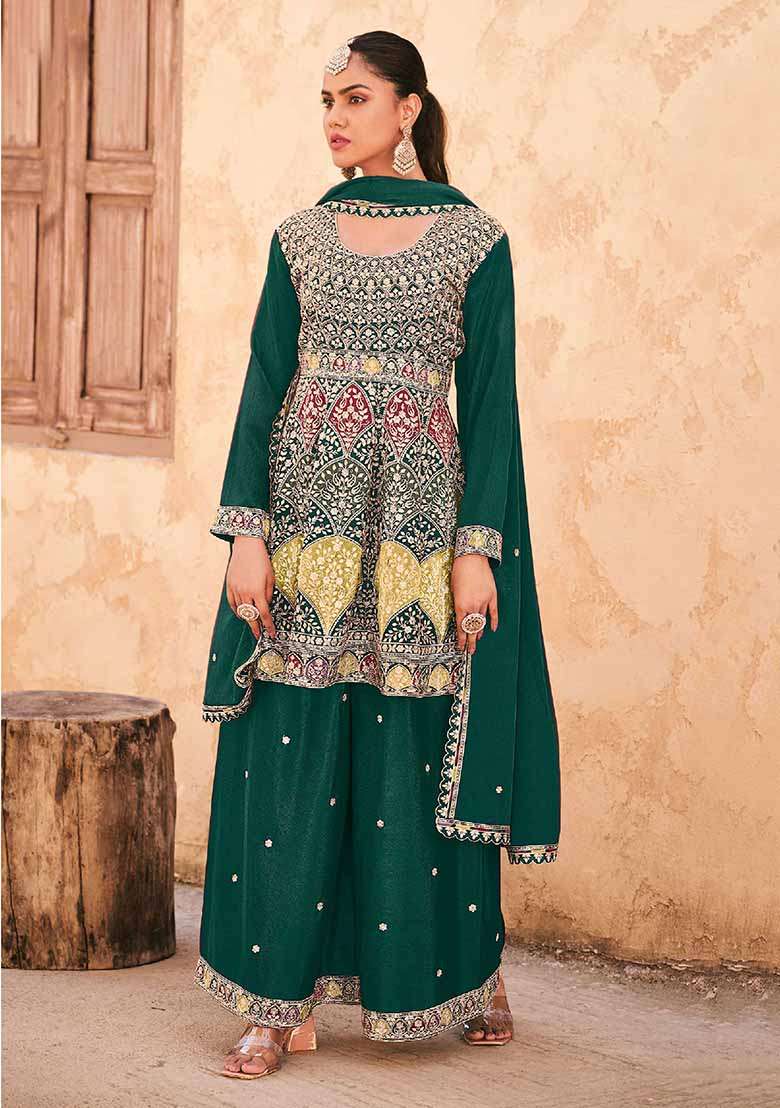 Teal Green Embroidered Chinon Sharara Set - Indya