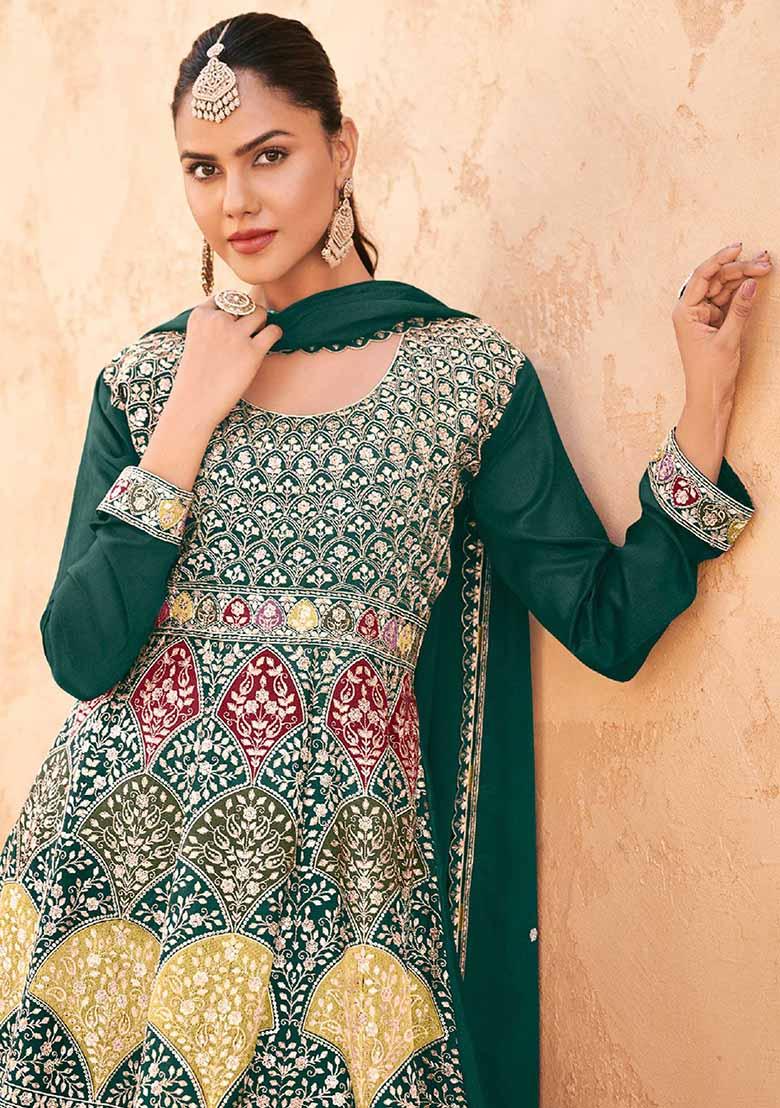 Teal Green Embroidered Chinnon Silk Palazzo Set With Dupatta