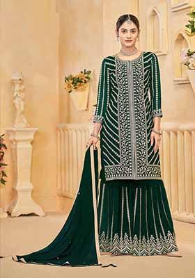 Green Embroidered Georgette Sharara Set With Dupatta