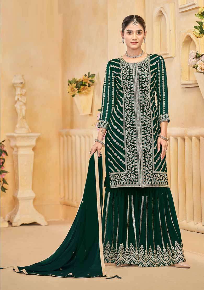 Green Embroidered Georgette Sharara Set With Dupatta - Indya