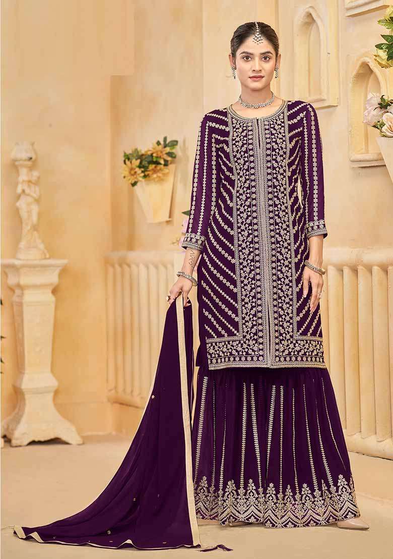 Purple Embroidered Georgette Sharara Set With Dupatta - Indya