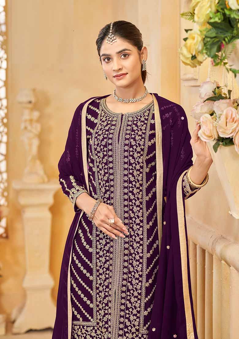 Purple Embroidered Georgette Sharara Set With Dupatta