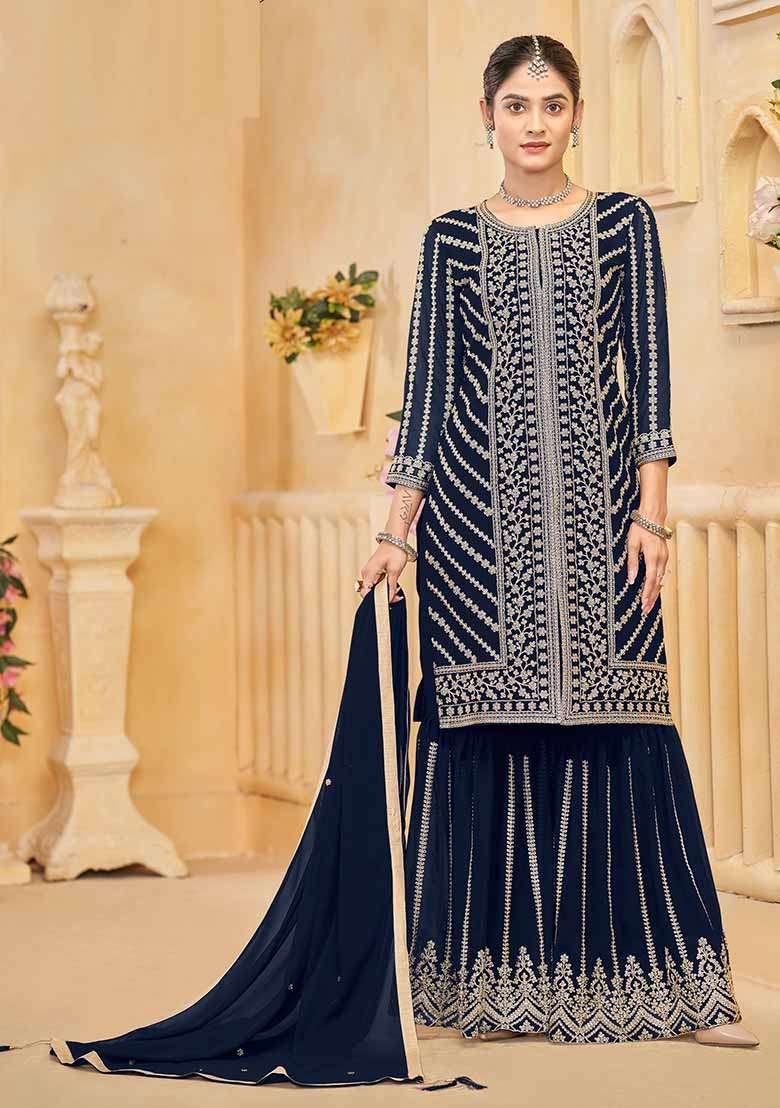 Blue Embroidered Georgette Sharara Set With Dupatta - Indya
