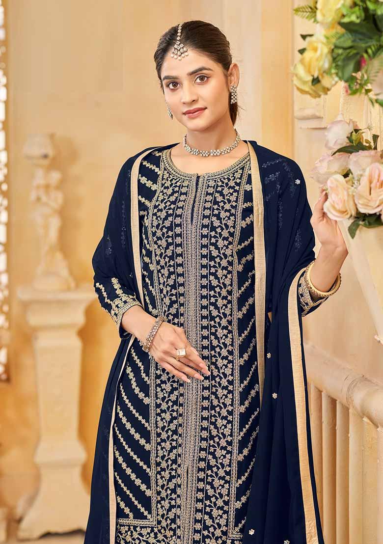 Blue Embroidered Georgette Sharara Set With Dupatta