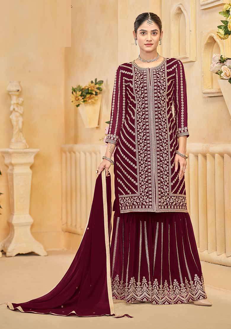 Maroon Embroidered Georgette Sharara Set - Indya
