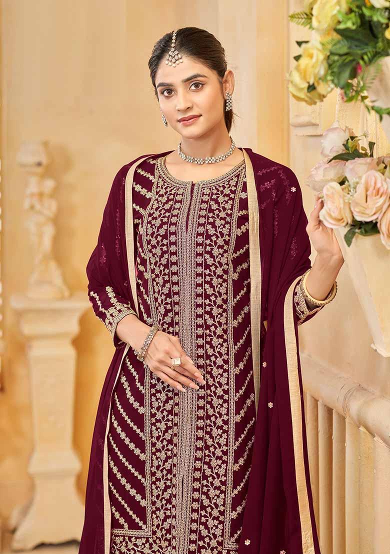 Maroon Embroidered Georgette Sharara Set With Dupatta