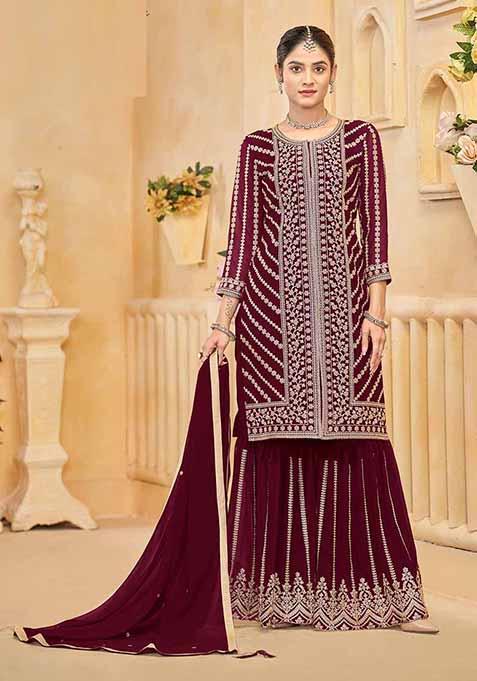 Maroon Embroidered Georgette Sharara Set With Dupatta
