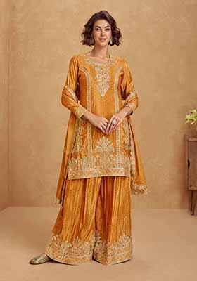 Mustard Yellow Embroidered Chinnon Silk Palazzo Set With Dupatta