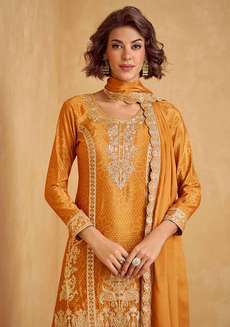 Mustard Yellow Embroidered Chinnon Silk Palazzo Set With Dupatta