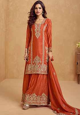 Orange Embroidered Chinnon Silk Palazzo Set With Dupatta