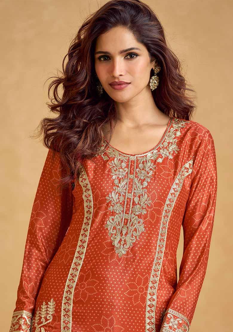 Orange Embroidered Chinnon Silk Palazzo Set With Dupatta