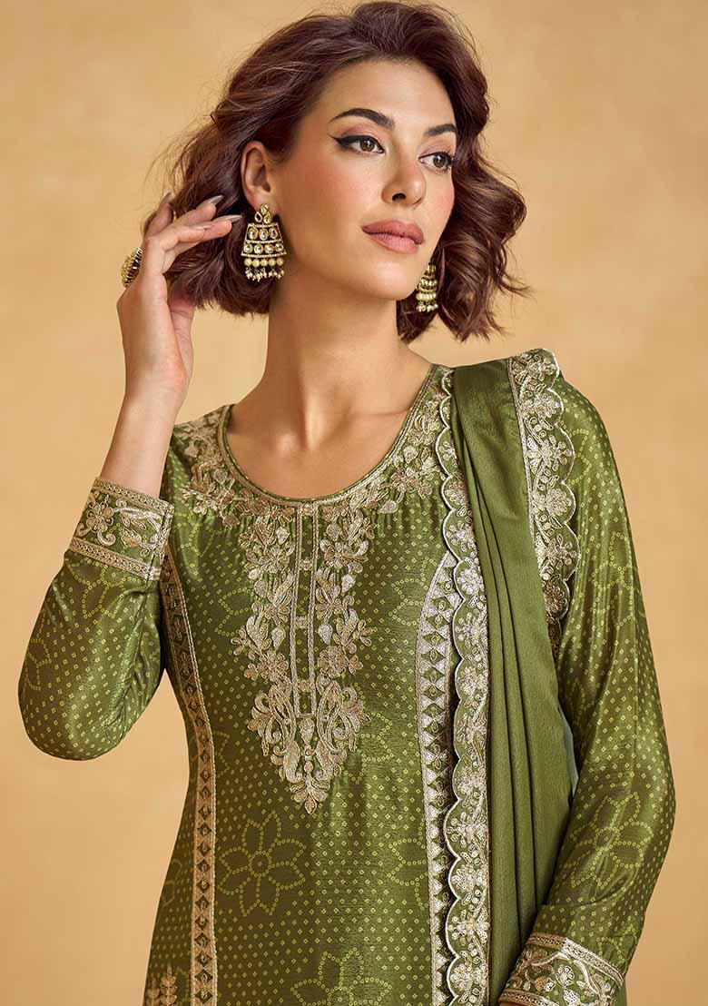 Green Printed Chinnon Silk Palazzo Set With Dupatta