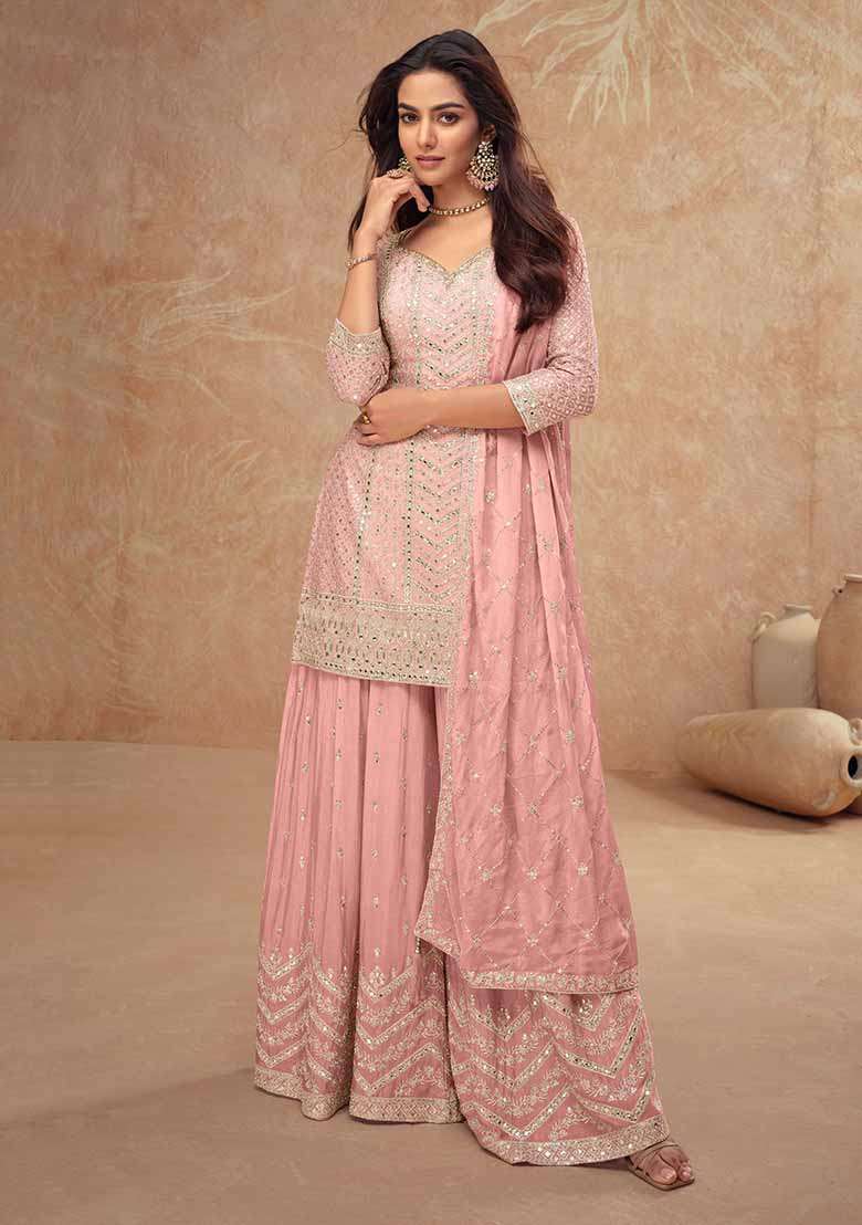 Pink Embroidered Chinon Sharara Set - Indya