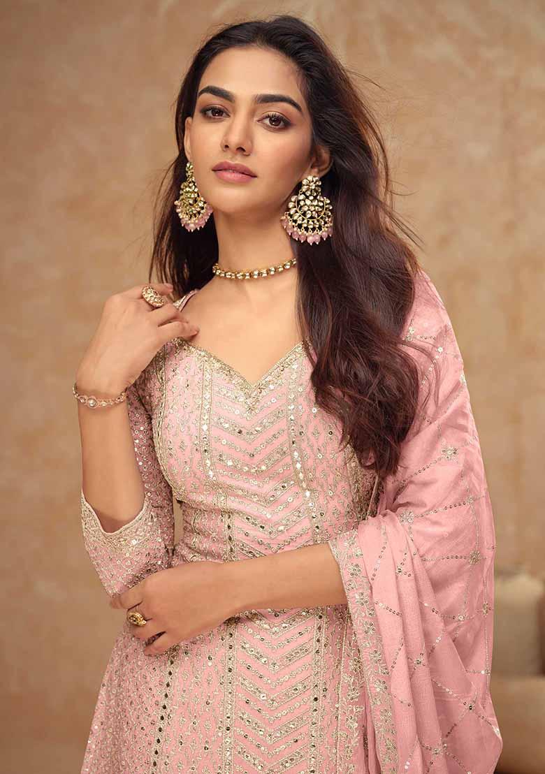 Pink Printed Chinnon Silk Palazzo Set With Dupatta