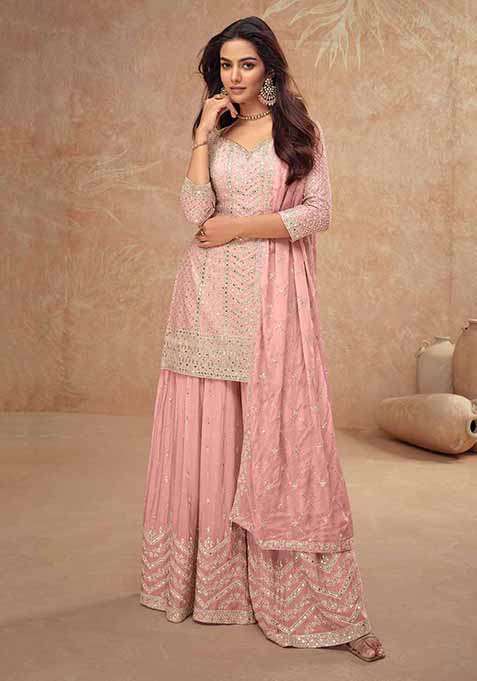Pink Embroidered Chinon Sharara Set