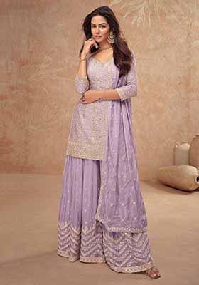 Lilac Printed Chinnon Silk Palazzo Set With Dupatta